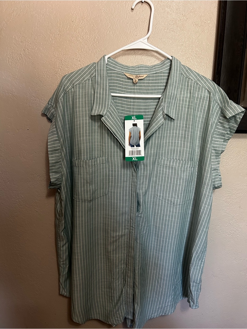 Relaxed Sage Green Striped Button-Down Shirt - Women's